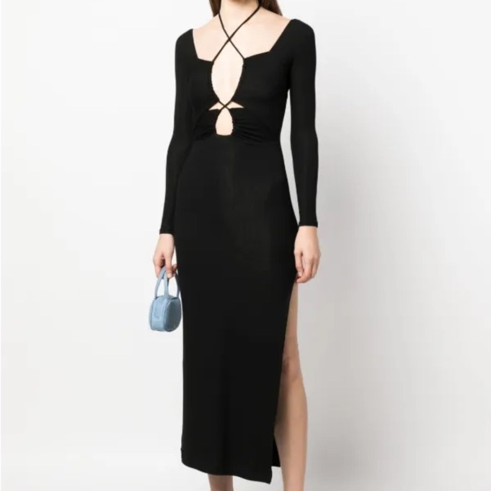 Lama Jouni Revolve Cut-Out Front Halter Tie Neck Long Black Dress w Side Slits